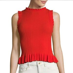 Rebecca Taylor Red Sleeveless Ribbed Ruffle Tank